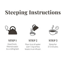 Load image into Gallery viewer, Republic of Tea Organic Assam Breakfast Full Leaf Loose Black Tea steeping instructions