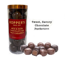 Load image into Gallery viewer, Koppers Milk &amp; Dark Chocolate Sea Salt Caramels 9 oz Tube
