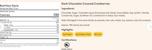 Load image into Gallery viewer, Kopper&#39;s Dark Chocolate Cranberries Nutrition