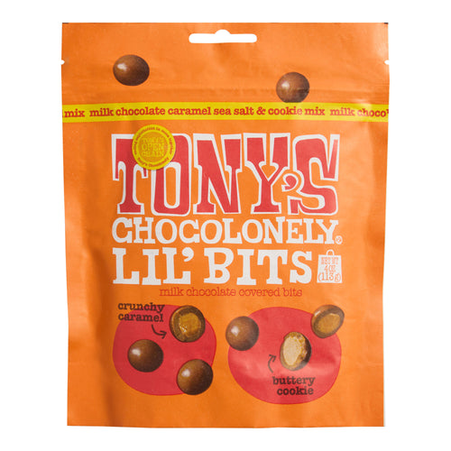 Tony's Chocolonely, Lil' Bits Pouch, 32% Milk Chocolate Caramel Sea Salt & Cookie Mix