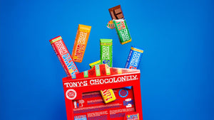 Tony's Chocolonely Rainbow Gift Variety Pack - Milk Chocolate Dark Chocolate Milk Chocolate Caramel Sea Salt Dark Chocolate Almond Sea Salt MILK CHOCOLATE ALMOND HONEY NOUGAT Milk Chocolate Hazelnut