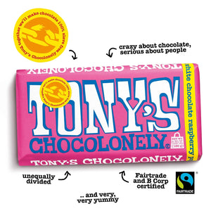 Tony's Chocolonely White Chocolate Raspberry Popping Candy Bar 6.35 oz Fairtrade