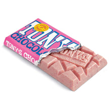 Load image into Gallery viewer, Tony&#39;s Chocolonely White Chocolate Raspberry Popping Candy Bar 6.35 oz Open2