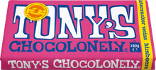 Load image into Gallery viewer, Tony&#39;s Chocolonely White Chocolate Raspberry Popping Candy Bar slant