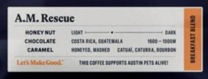 Greater Goods A.M. Rescue Breakfast Blend Coffee label