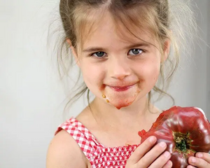 Tomato Heirloom Cherokee Purple child eating